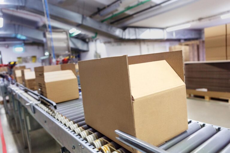 Kartonverpackungen auf Förderband in der Logistik